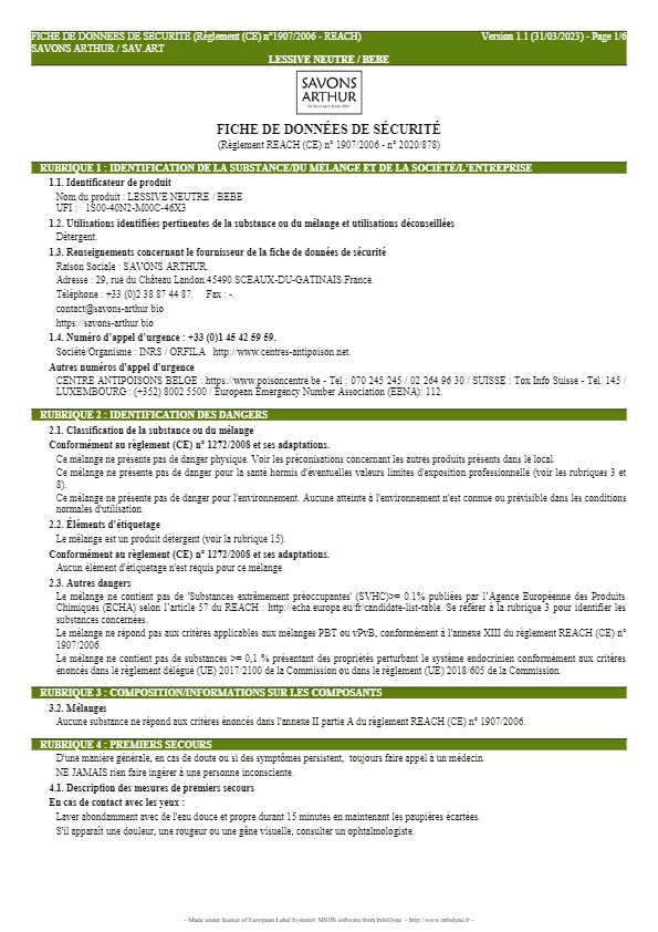 JB0537 Fiche de sécurité Lessive bébé sans parfum